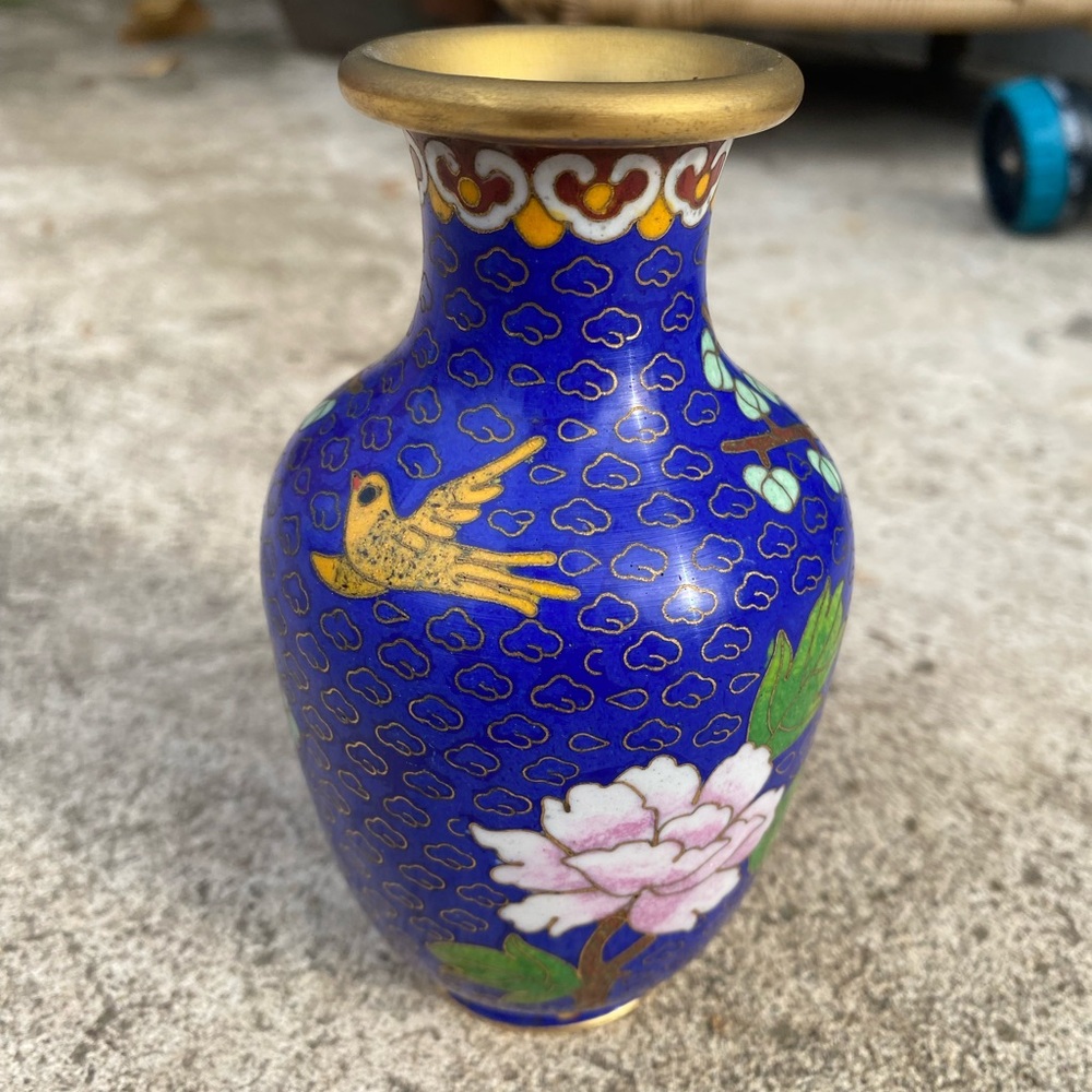 SOLD Cloisonné over Brass Floral Japanese Style Vase 5” Tall